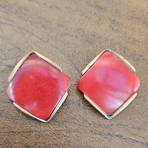 Vintage Cranberry Plastic Clip Gold Tone Earrings